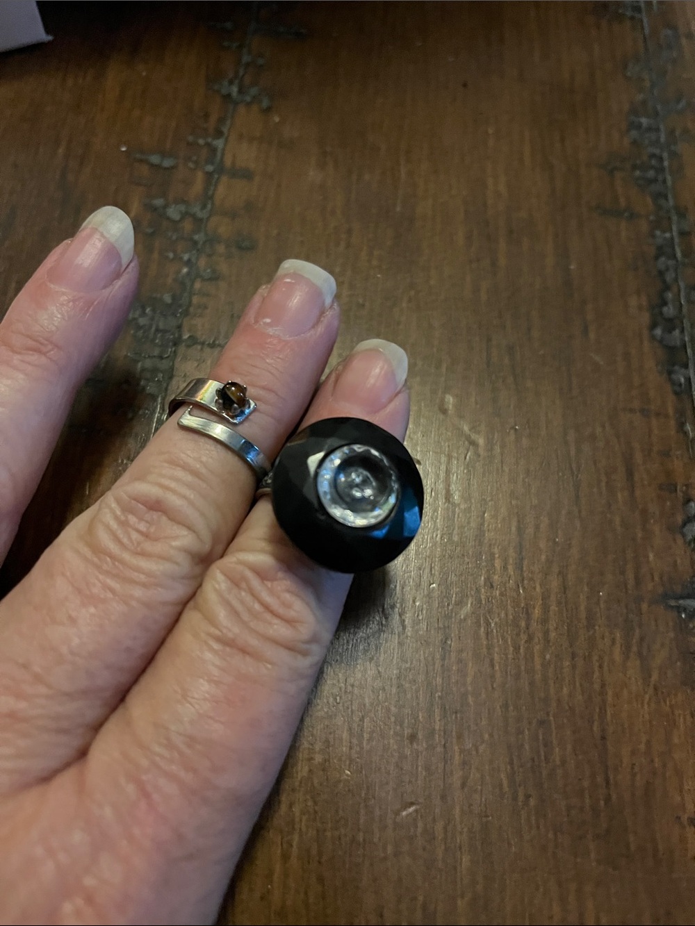 Black Faceted Statement Ring with Clear Center Stone and adjustable silver amber